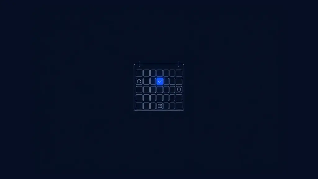Illustration of an outlined monthly calendar grid with small icons in a few squares and one square's check mark lit in blue, on dark navy.
