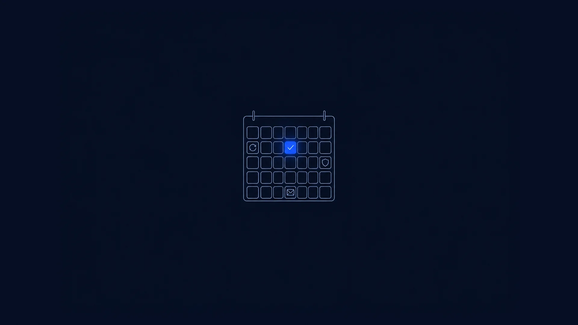 Illustration of an outlined monthly calendar grid with small icons in a few squares and one square's check mark lit in blue, on dark navy.